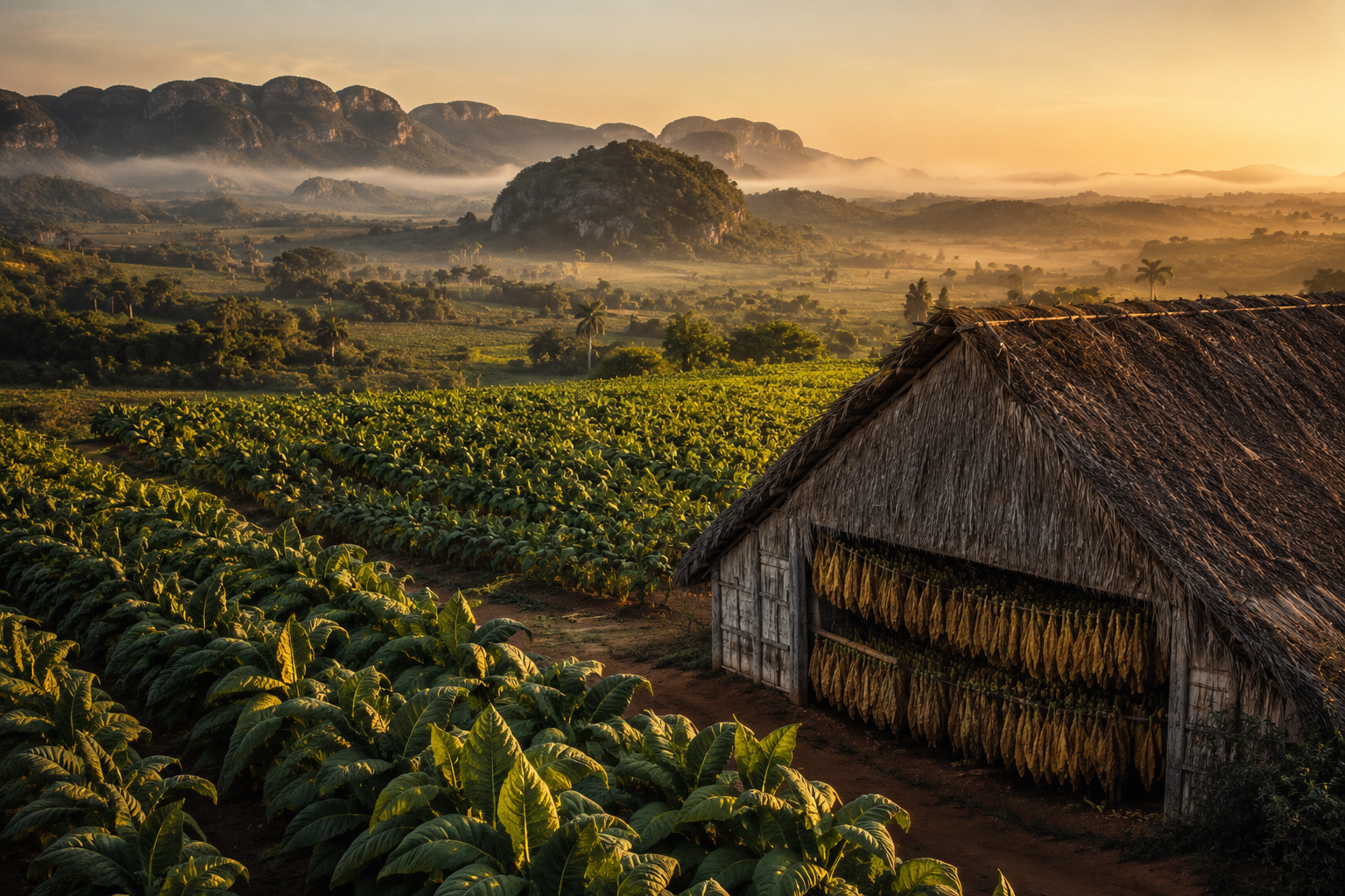Tobacco fields in the Vuelta Abajo, Pinar del Rio, Cuba at golden hour with a curing barn