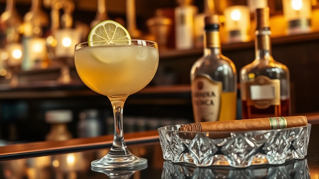 Daiquiri cocktail with premium cigar in Cuban setting