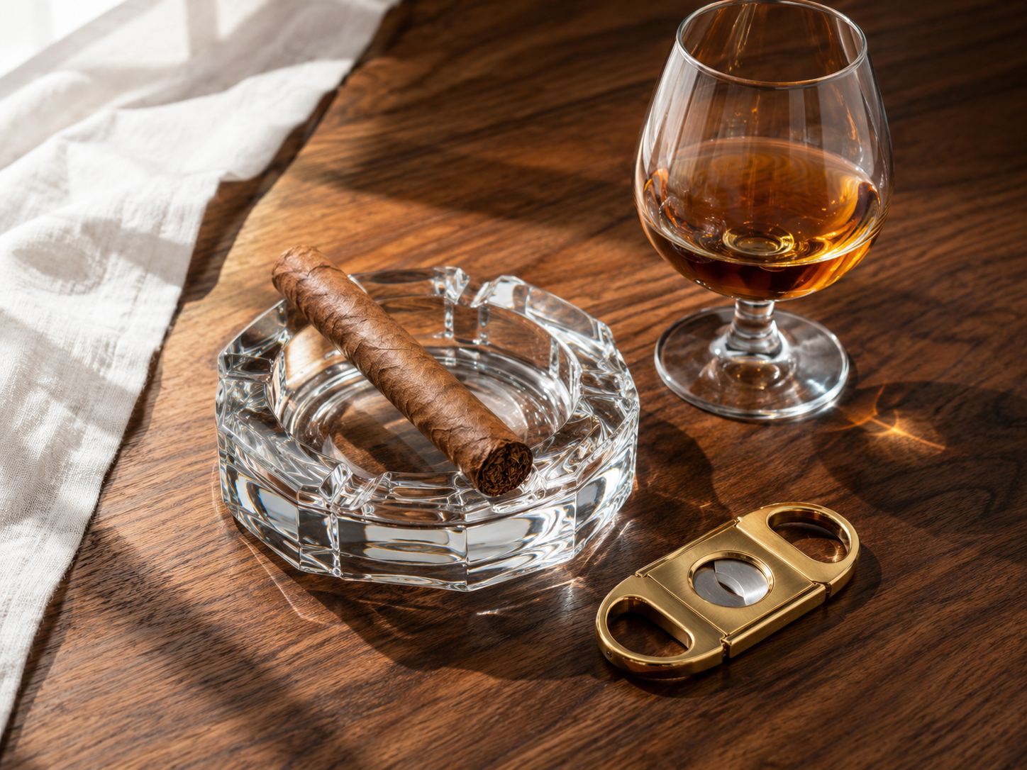 A premium cigar resting in a crystal ashtray beside a glass of aged rum, photographed in warm amber light
