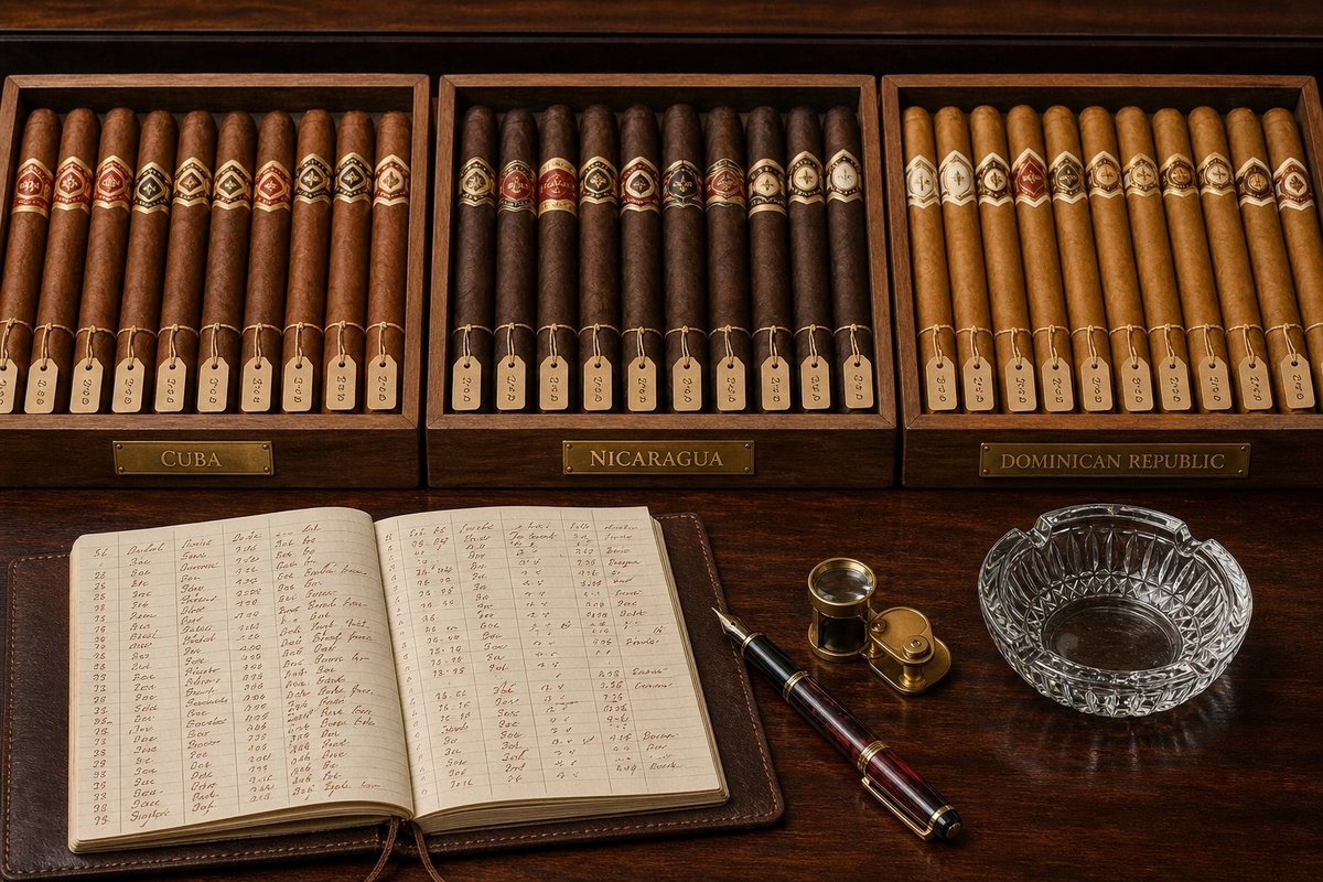 Six cigars with bands removed on a dark slate surface