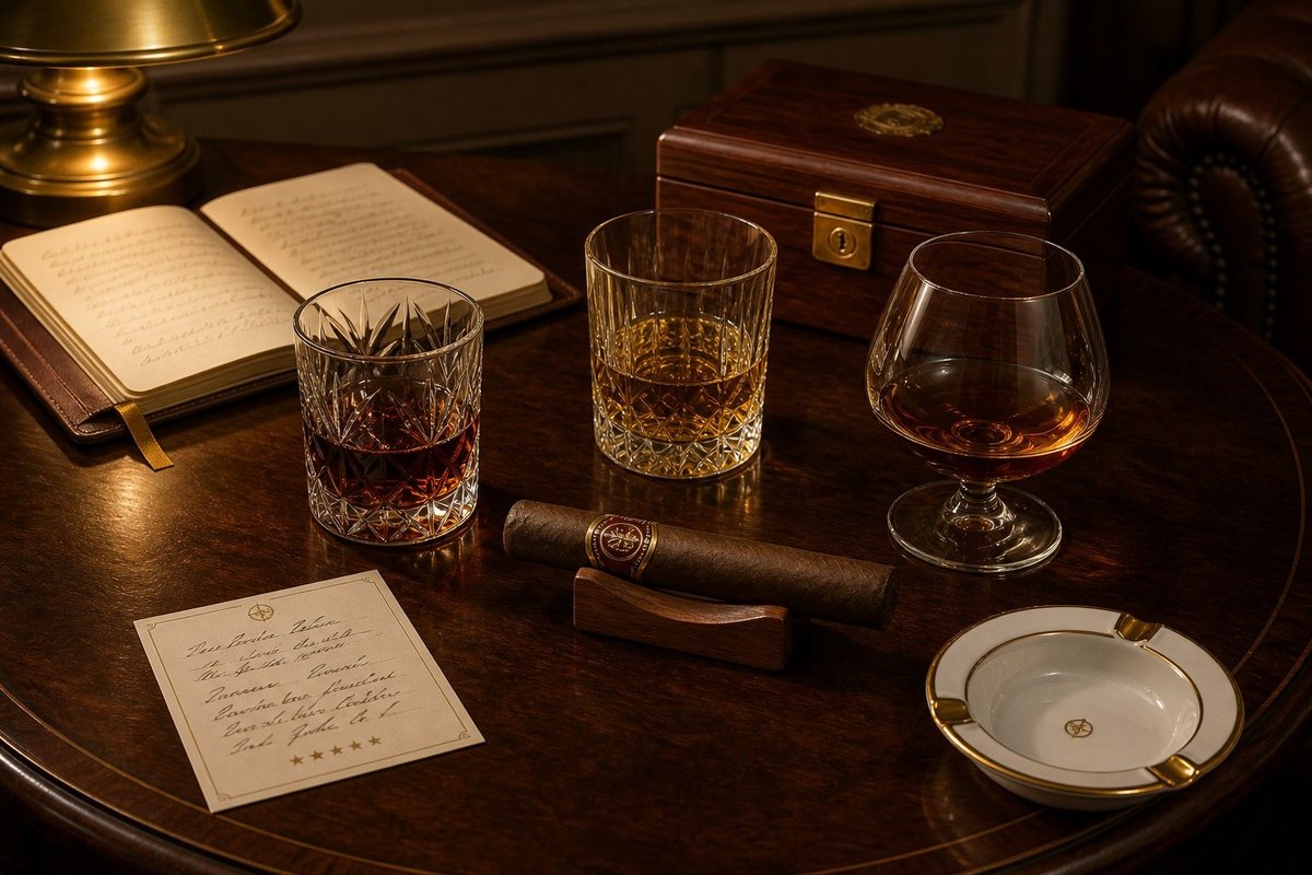 The pairing matrix on the editorial desk with cigars and drinks