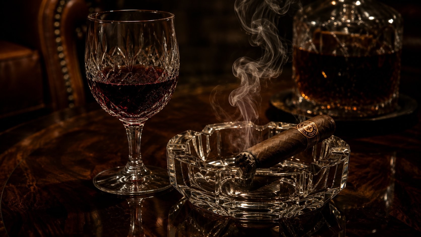 Vintage Port glass beside a cigar in dark wood interior