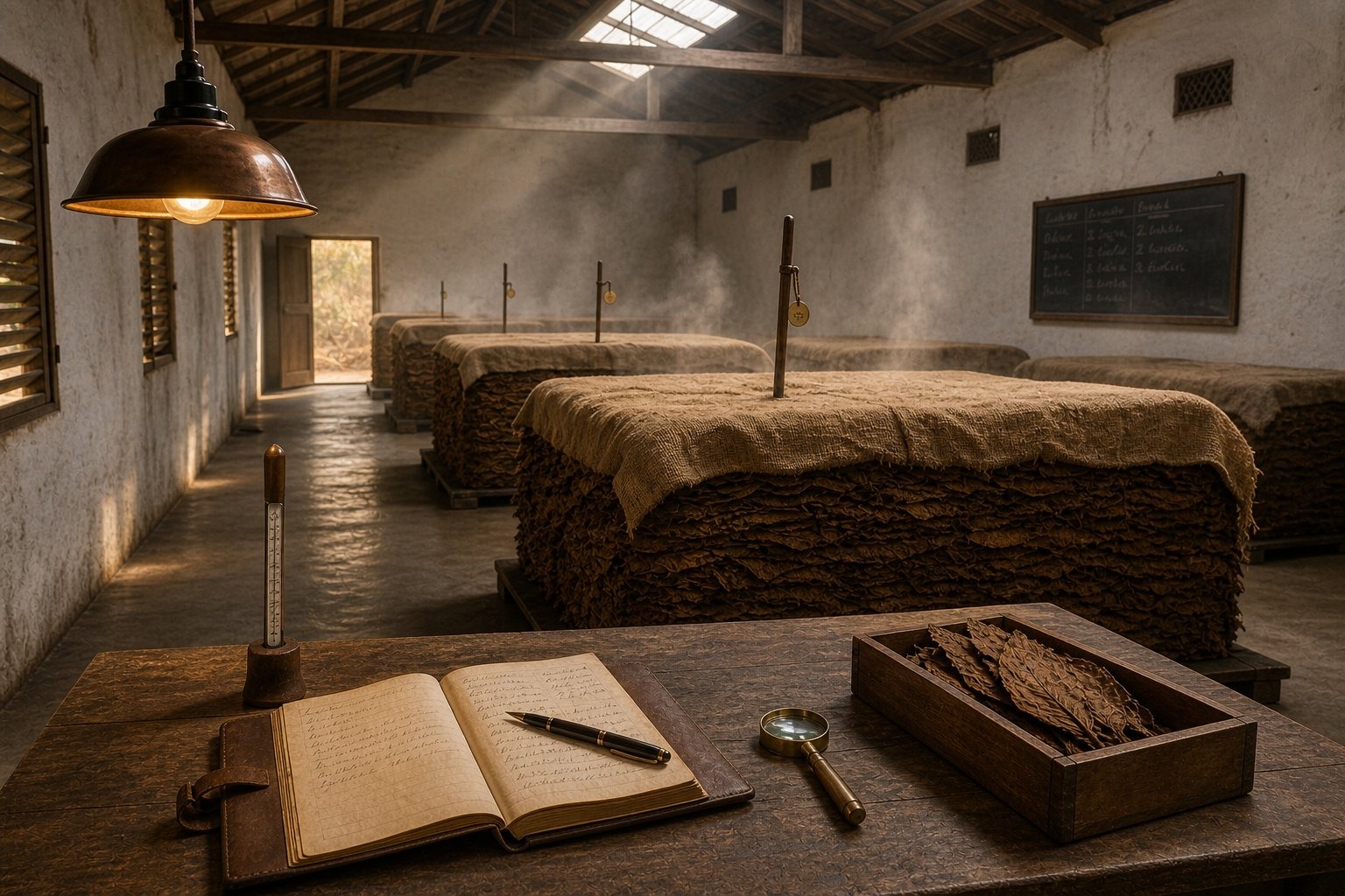 Interior of a traditional fermentation house with rectangular pilones covered in burlap and the master taster's working table