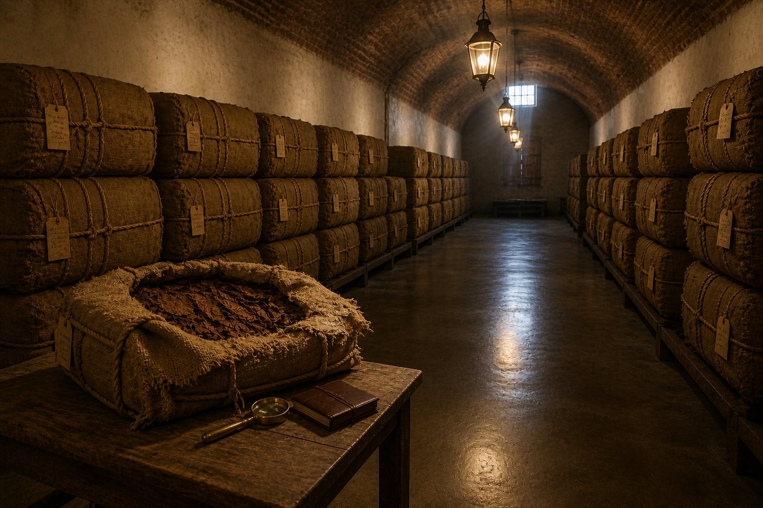 Traditional aging cellar with stacks of burlap-wrapped tobacco bales