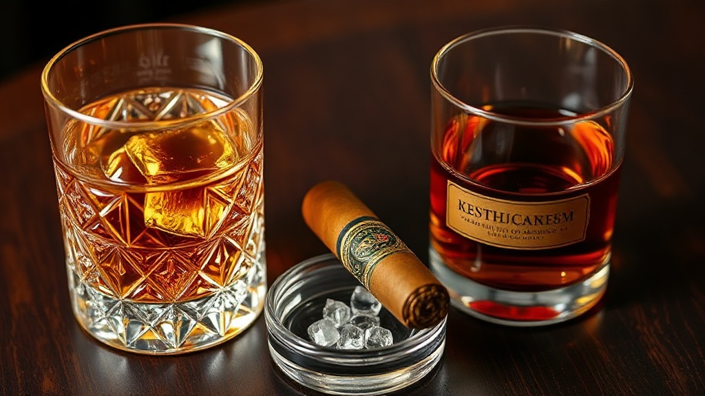 Editorial table set with cigars, aged rum bottle, and bourbon glasses