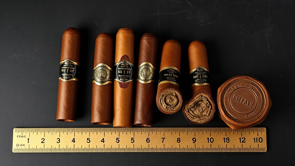 Six cigar formats laid out on the editorial desk showing the range from lancero to gordo